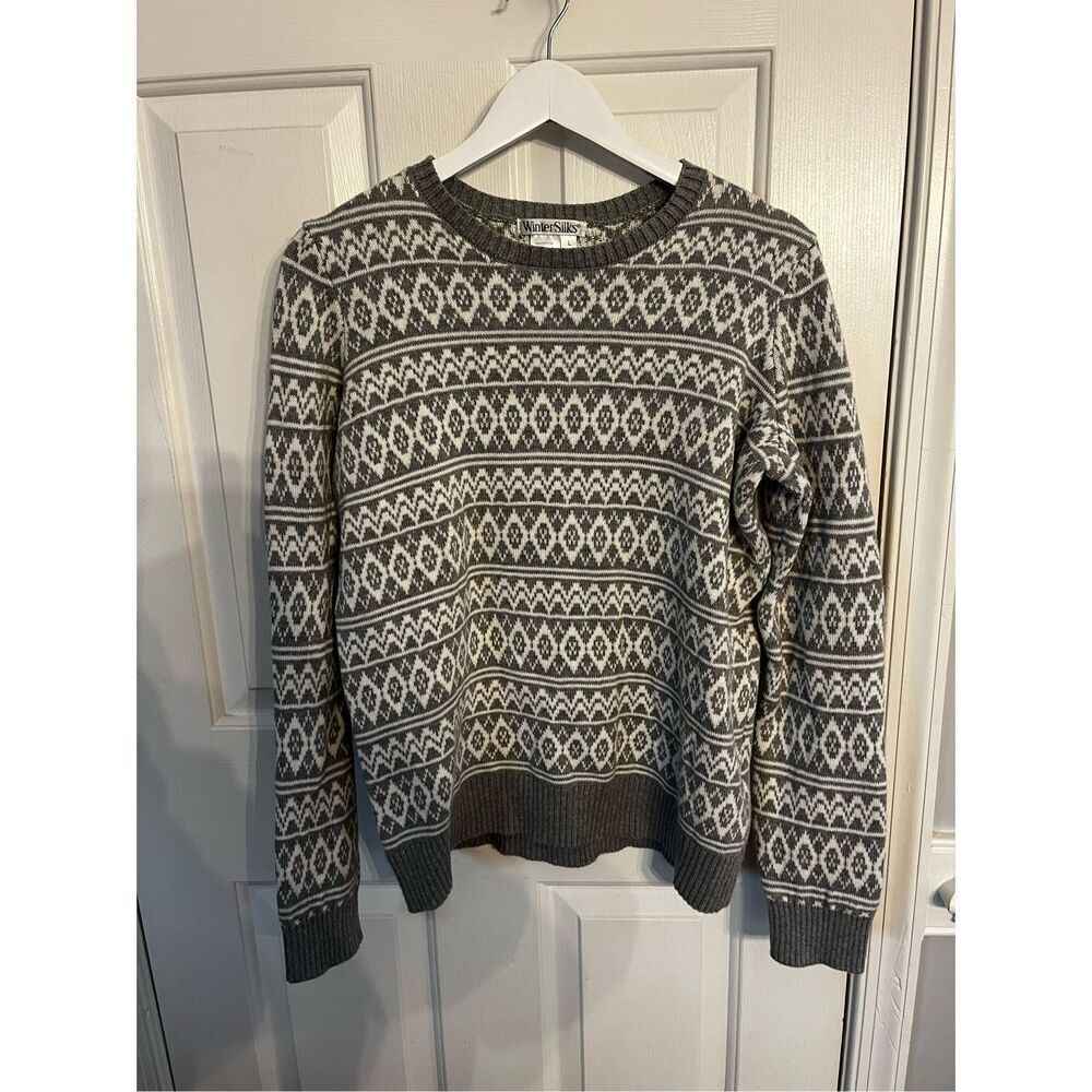 WinterSilks Gray & White Print Cotton Crew Neck Sweater sz L NWOT